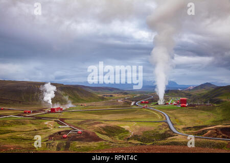 Luftaufnahme der Krafla Geothermiekraftwerk, der größten Icelands Power Station in der Nähe der nordöstlichen Krafla Vulkan, Island, Skandinavien Stockfoto