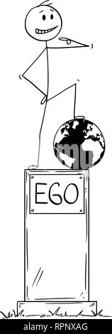 Cartoon von Statue von Egoist egoistischen Mann stand auf Podest mit Text Ego Stock Vektor