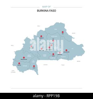 Burkina Faso Vektorkarte. Editierbare Vorlage mit Regionen, Städte, rote und blaue Fläche auf weißem Hintergrund. Stock Vektor