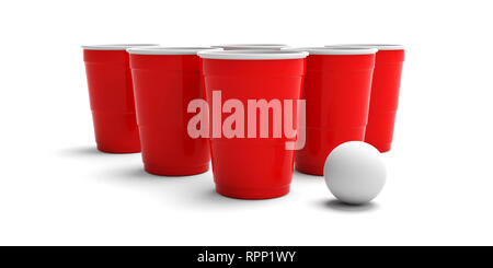 Bier pong, College party Sport. Kunststoff Farbe rot Tassen und einen Tischtennisball auf weißem Hintergrund. 3D-Darstellung Stockfoto