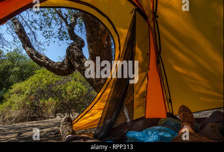 POV aus einem Campingzelt im Leo Carrillo State Park, Malibu, CA. Stockfoto