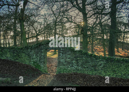 Fußweg durch die trockenmauern Torbogen zwischen den alten John torheit und der yeomanry Kriegerdenkmal in Bradgate Park, Leicester, Leicestershire, Großbritannien Stockfoto