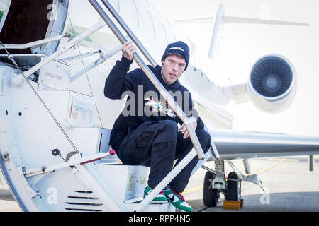 Fedez präsentiert er sein neues Album 'Paranoia Airlines am Flughafen Linate in Mailand, Italien. Mit: Fedez Wo: Mailand, Lombardei, Italien Wann: 22 Jan 2019 Credit: IPA/WENN.com ** Nur für die Veröffentlichung in Großbritannien, den USA, Deutschland, Österreich, Schweiz ** verfügbar Stockfoto