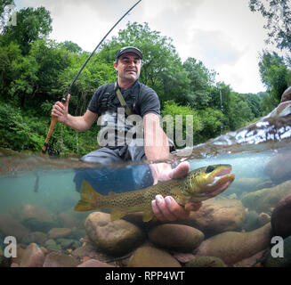 Ein angler Erfassen einer Bachforelle (Salmo trutta Fario), im Baztan-tal (Spanien). In der Regel Pyrenäen, diese Drift Angeln erfordert natürlichen Ködern. Stockfoto