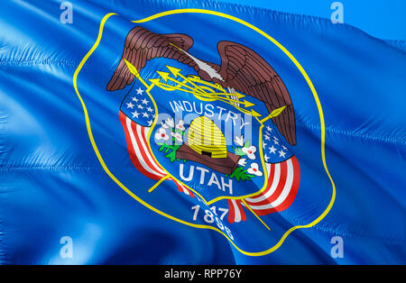 Utah Flag. 3D-Winken USA State Flag Design. Die nationalen US-Symbol der Utah State, 3D-Rendering. Nationale Farben und Nationalflagge von Utah für eine Backgr Stockfoto