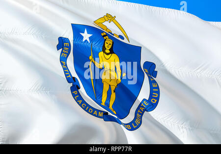 Massachusetts Flagge. 3D-Winken USA State Flag Design. Die nationalen US-Symbol der Massachusetts State, 3D-Rendering. Nationale Farben und Nationalflagge von Stockfoto