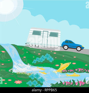 Camping über Wasserfall Stockfoto