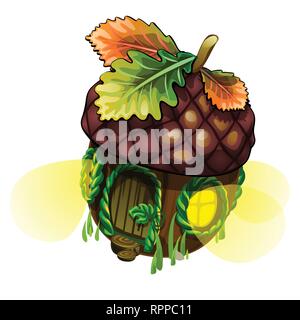Märchen Haus in Form von Acorn mit leuchtenden Fenstern auf weißem Hintergrund. Vektor close-up Cartoon Illustration. Stock Vektor