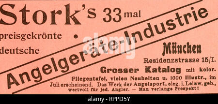 . Allgemeine Fischerei-Zeitung. H. Hildebrand's Nachf. Jakob Wieland München, 3b Ottostraße 3b Speziäl-Beschätt für Anseigeräte EIS" gegründet 1843 = ä: 2 eigene anerkannt vorzügliche Fabrikate und englische Gerätei nur prima Qualität. Bayer. Jubiläums-Landes-Ausstellung Nürnberg 1906: Höchste Auszeichnung?? Goldene Medaille retri Heil" Reichhaltige Preisliste e zu Diensten. ,, Für die reichhaltige, geschmackvolle Diplomprojekt- gediegener Engel-Geräte und die vorzügliche Leistungsfähigkeit anerkannt in diesem Industriezweige." In 30 Ausstellungen prämiiert. Stork 33.Preis Stockfoto