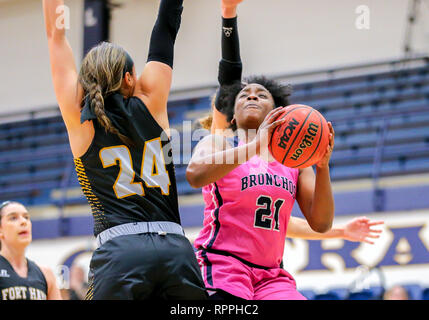 Edmond, OK, USA. 21 Feb, 2019. Universität Central Oklahoma Guard Shatoya Bryson (21) mit der Kugel während ein Basketballspiel zwischen der Fort Hays State Tiger und der zentralen Oklahoma Bronchos am Hamilton Field House in Edmond, OK. Grau Siegel/CSM/Alamy leben Nachrichten Stockfoto