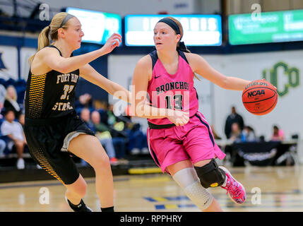 Edmond, OK, USA. 21 Feb, 2019. Universität Central Oklahoma Guard Blake Blessington (13) Laufwerke mit der Kugel während ein Basketballspiel zwischen der Fort Hays State Tiger und der zentralen Oklahoma Bronchos am Hamilton Field House in Edmond, OK. Grau Siegel/CSM/Alamy leben Nachrichten Stockfoto