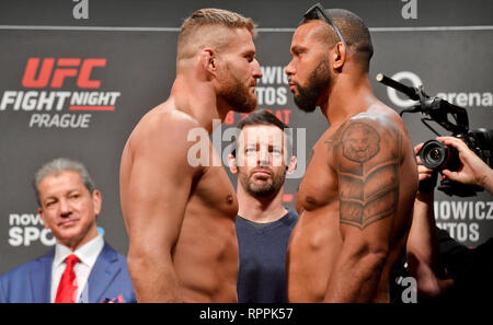 Prag, Tschechische Republik. 22 Feb, 2019. Jan Blachowicz aus Polen (links) und Thiago Santos aus Brasilien an einem festlichen Wägen vor der UFC Nacht Prag, am 22. Februar 2019, in Prag, Tschechische Republik. Der Fight Night wird am 23. Februar statt. Quelle: Vit Simanek/CTK Photo/Alamy leben Nachrichten Stockfoto