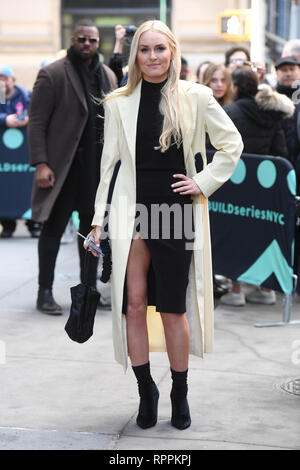 New York, USA. 21. Feb 2019. Lindsey Vonn verlässt den AOL bauen Lautsprecher Serie am 21. Februar 2019 in New York. Credit: Erik Pendzich/Alamy leben Nachrichten Stockfoto