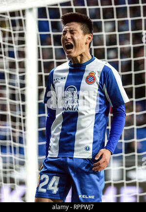 Barcelona. 22 Feb, 2019. Von Espanyol Wu Lei reagiert während eines Spanischen Liga Match zwischen Espanyol und Huesca in Barcelona, Spanien, Jan. 22, 2019. Credit: Joan Gosa/Xinhua/Alamy leben Nachrichten Stockfoto