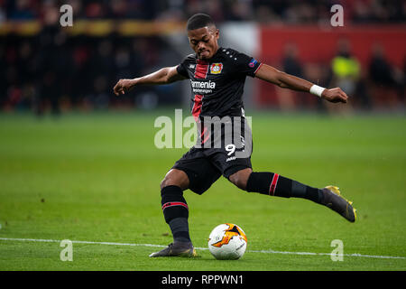 Leverkusen, Deutschland. 21 Feb, 2019. Fußball: Europa League, Bayer Leverkusen - FK Krasnodar, die K.o.-Runde, Zwischenrunde, 2 Beine. Der Leverkusener Leon Bailey spielt den Ball. Credit: Marius Becker/dpa/Alamy leben Nachrichten Stockfoto