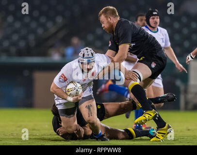 Februar 22, 2019 Toronto Pfeile hooker Andrew Quattrin (2) Erhält hinter Houston SaberCats lock Robert Meeson (4) während der Ausstellung Spiel zwischen dem Toronto Pfeile und das Houston SaberCats im Sternbild Feld, Sugar Land, Texas. Halbzeit Toronto Pfeile sind bis über dem Houston SaberCats 27-10. © Maria Lysaker/Cal Sports Media Stockfoto