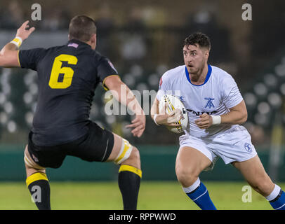 Februar 22, 2019 Toronto Pfeile 8-Mann Kolby Franz (8) bewegt sich der Ball nach vorn während der Ausstellung Spiel zwischen dem Toronto Pfeile und das Houston SaberCats im Sternbild Feld, Sugar Land, Texas. Halbzeit Toronto Pfeile sind bis über dem Houston SaberCats 27-10. © Maria Lysaker/Cal Sports Media Stockfoto