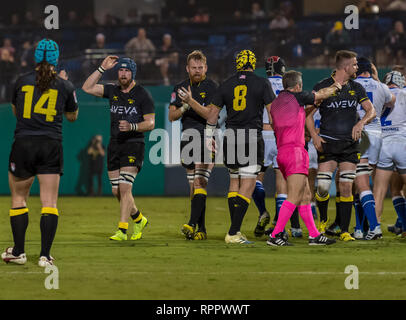 Februar 22, 2019 Houston SaberCats Feiern nach einem Versuch während der Ausstellung Spiel zwischen dem Toronto Pfeile und das Houston SaberCats im Sternbild Feld, Sugar Land, Texas. Halbzeit Toronto Pfeile sind bis über dem Houston SaberCats 27-10. © Maria Lysaker/Cal Sports Media Stockfoto