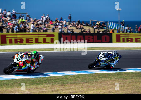 Phillip Island, Australien. 23 Feb, 2019. World Superbikes Meisterschaft, Qualifikation; Eugene Laverty, Alessandro Delbianco während der superpole Credit: Aktion plus Sport/Alamy leben Nachrichten Stockfoto