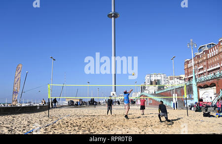 Brighton, East Sussex, UK. 23. Feb 2019. Beach Volleyball Spieler auf Brighton Seafront genießen Sie die schönen sonnigen und ungewöhnlich warmen Wetter für die Zeit des Jahres, mit einem Server einrichten Prognose in den nächsten Tagen in ganz Großbritannien: Simon Dack/Alamy Live News, um fortzufahren Stockfoto