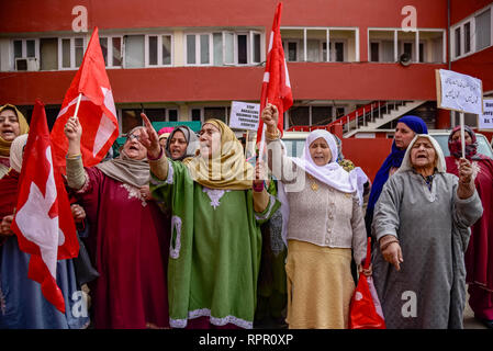 Srinagar, Kashmir. 23 Feb, 2019. Kaschmir Frauen gesehen riefen Slogans während des Protestes. Indiens Höchste Gericht bestellte staatliche Behörden Bedrohungen, Angriffe und sozialen Boykott von Tausenden von Studenten in Kaschmir, Händler und Fachleute in einem scheinbaren Vergeltung für die Ermordung von 49 Indischen paramilitärische Soldaten in einem Selbstmordattentat im pulwama Kaschmir letzte Woche zu stoppen. Menschen haben protestiert gegen Angriffe der staatlichen Behörden. Credit: idrees Abbas/SOPA Images/ZUMA Draht/Alamy Live News Credit: ZUMA Press, Inc./Alamy leben Nachrichten Stockfoto