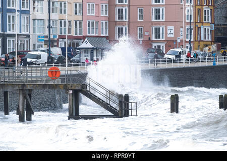 Aberystwyth Wales UK, Samstag, 23. Feb 2019 UK Wetter: Ein hoher Spring Tide und ein "großes Meer" bringen, riesige Wellen, die in die Promenade und herrlichem Tonnen Sand und Kies über der Küste von Galway an der Westküste von Wales an diesem Samstag morgen. Das Wetter ist sehr mild und wird auch in den nächsten Tagen wärmer werden prognostiziert. Credit: Keith Morris/Alamy leben Nachrichten Stockfoto