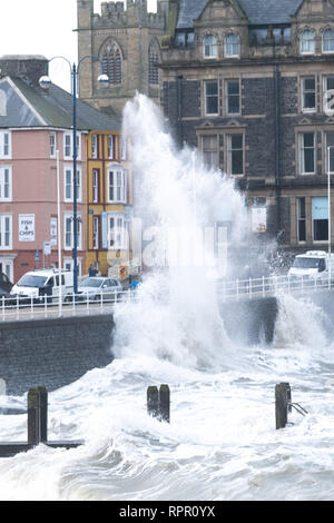 Aberystwyth Wales UK, Samstag, 23. Feb 2019 UK Wetter: Ein hoher Spring Tide und ein "großes Meer" bringen, riesige Wellen, die in die Promenade und herrlichem Tonnen Sand und Kies über der Küste von Galway an der Westküste von Wales an diesem Samstag morgen. Das Wetter ist sehr mild und wird auch in den nächsten Tagen wärmer werden prognostiziert. Credit: Keith Morris/Alamy leben Nachrichten Stockfoto