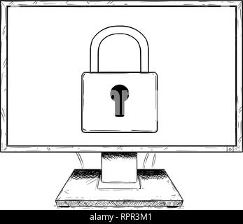 Cartoon Zeichnung der Computer Display mit Sperrsymbol Stock Vektor