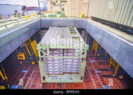 Import Export Versand an ein Seehafen in den USA. Ein Frachtschiff entlastet und onloads Produkte wie Bananen und Rollen mit braunem Papier. Stockfoto