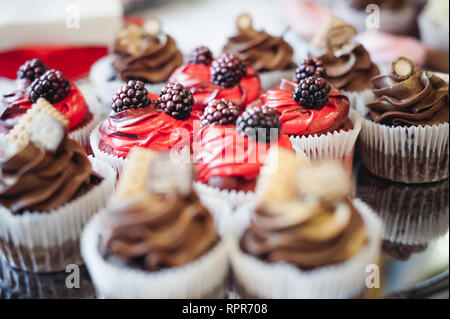 Schöne leckere Kuchen. süsswaren Curry bei einem festlichen Party. viele süße Muffins auf einem Tablett Stockfoto