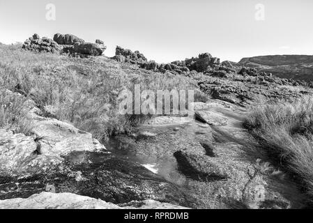 Die Landschaft auf der Riverside Arch Wanderweg im Cederberg Mountains in der Nähe von Clanwilliam in der Western Cape Provinz. Schwarzweiß Stockfoto