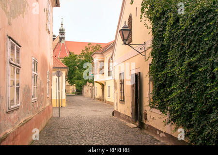 Koszeg Blick auf die Straße. Kleine gemütliche Straße, Altstadt in einem historischen mittelalterlichen Altstadt. Romantische gepflasterten Seitenstraße. Grün bewachsene Fassade, Ruhe und Frieden. Stockfoto