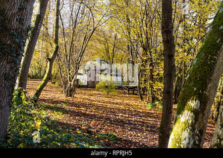 Traditionelle Jurte im Wald, Glamping bei Herbstsonne Stockfoto