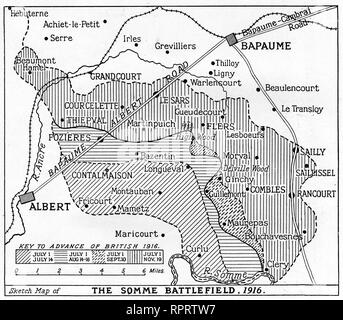 Eine Karte des Schlachtfelds von Somme, 1916. Die Schlacht an der Somme, auch bekannt als Somme-Offensive, war eine Schlacht des Ersten Weltkriegs, die von den Armeen des Britischen Reiches und der Französischen Dritten Republik gegen das Deutsche Reich geführt wurde. Es fand zwischen dem 1.. Juli und dem 18.. November 1916 statt. Stockfoto