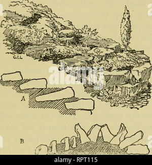 . Alpine Pflanzen. Berg pflanzen; Rock Gardens. Auf DEN BAU VON ROCK GARDENS 29 Sandstein, rot, grau oder gelb, sind ausgezeichnet, aber Flint, Granit oder Marmor, die von einem nicht-porösen, sind ziemlich ungeeignet. In der Frage der Anordnung der Steine, ein oder zwei Punkte sollten immer im Auge behalten werden. Der erste ist, dass die langen, schmalen Stücke von Stein zu stehen zu bleiben. Rock-Gebäude. Die untere Zeichnung (B) zeigt die falsche Weise zu bauen. Ein gibt eine Vorstellung von der richtigen Platzierung der Steine. Die obere Zeichnung zeigt einen Rock Garden während des Wachstums der ersten Jahreszeit. senkrecht auf Ende, hässlich ist ein Stockfoto
