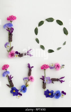 Das Wort "Liebe" in Blumen und Blätter geschrieben Stockfoto