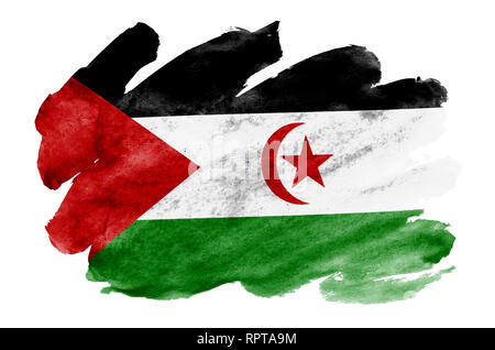 Westsahara Flagge ist in flüssiger Aquarell Stil auf weißem Hintergrund dargestellt. Unvorsichtige Farbe Beschattung mit Bild der nationalen Flagge. Unab Stockfoto