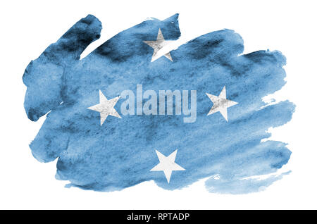 Mikronesien Flagge ist in flüssiger Aquarell Stil auf weißem Hintergrund dargestellt. Unvorsichtige Farbe Beschattung mit Bild der nationalen Flagge. Unabhängigkeit Stockfoto