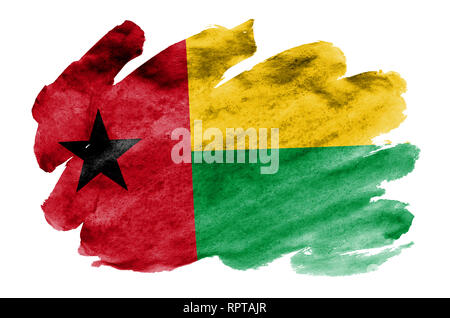 Guinea Bissau Flagge ist in flüssiger Aquarell Stil auf weißem Hintergrund dargestellt. Unvorsichtige Farbe Beschattung mit Bild der nationalen Flagge. Independe Stockfoto