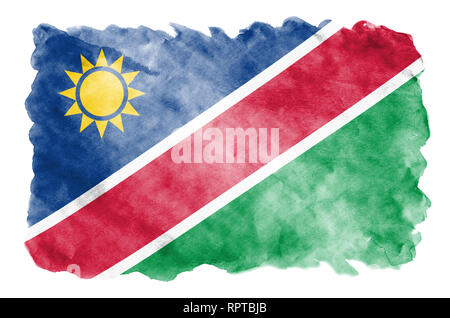 Namibia Flagge ist in flüssiger Aquarell Stil auf weißem Hintergrund dargestellt. Unvorsichtige Farbe Beschattung mit Bild der nationalen Flagge. Unabhängigkeit Da Stockfoto