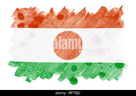 Niger Fahne ist in flüssiger Aquarell Stil auf weißem Hintergrund dargestellt. Unvorsichtige Farbe Beschattung mit Bild der nationalen Flagge. Tag der Unabhängigkeit Stockfoto