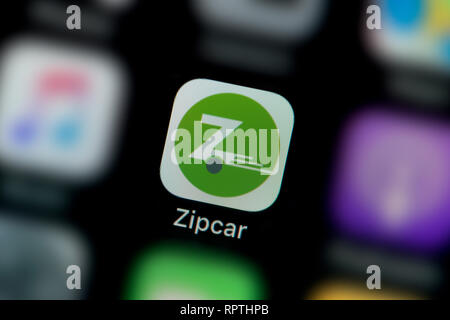Eine Nahaufnahme der Zipcar app Symbol, wie auf dem Bildschirm eines Smartphones (nur redaktionelle Nutzung) Stockfoto
