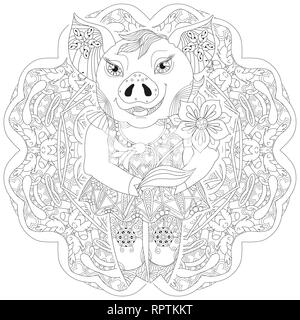 Zentangle Abbildung mit Schwein. Zen Wirrwarr oder doodle Ferkel mit Mandala. Malbuch Haustiere. Stock Vektor