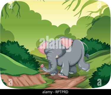 Happy Elephant in jungle Szene Abbildung Stock Vektor