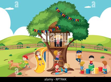 Kinder im Baumhaus Abbildung spielen Stock Vektor