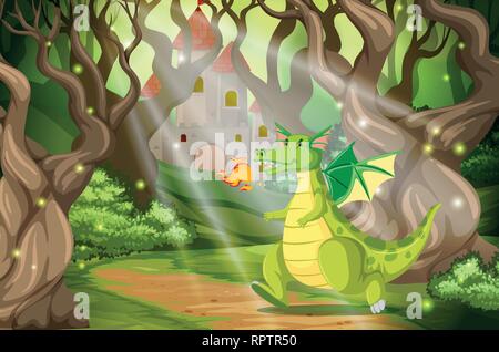 Ein Drache im Wald Burg Abbildung Stock Vektor