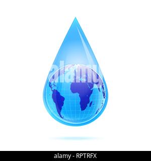 Globus an der Erde in den Tropfen Wasser auf weißem Hintergrund. Vector Illustration. Stock Vektor