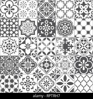 Lissabon geometrische Azulejo Kacheln vector Pattern, Portugiesisch oder Spanisch retro alte Fliesen Mosaik, mediterranen Nahtlose grauen und weißen Design Stock Vektor