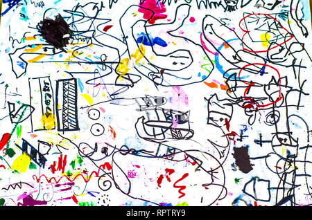 Schwarz doodle auf weißem Papier mit Elementen von Rot, Blau und Gelb. Muster für Textilien, Papier, Tapeten. Stockfoto