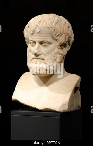 Philosophie. Aristoteles. Die Marmorbüste des großen Philosophen Aristoteles, 2005 bei archäologischen Ausgrabungen gefunden, Acropolis Museum von Athen Stockfoto